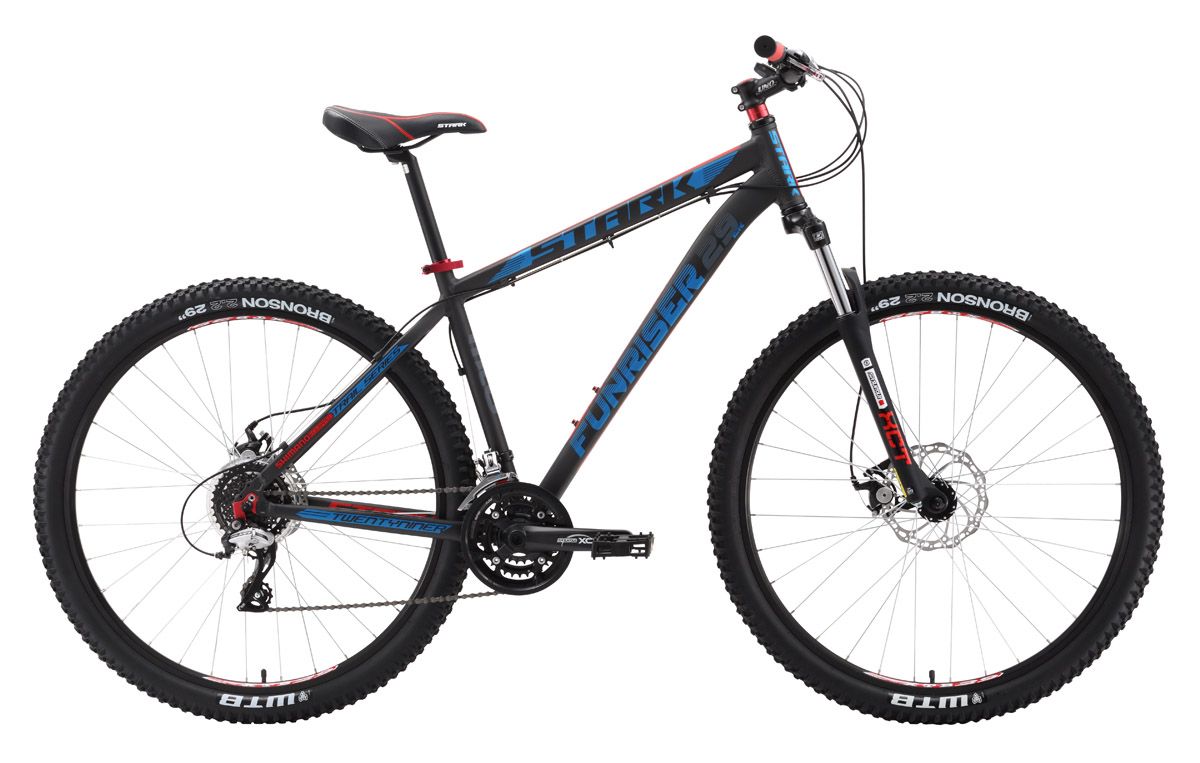 Велосипед Stark Funriser Disc 29er (2016) черно-синий 16 Велосипед Stark Funriser Disc 29er (2016) черно-синий 16КОЛЕСА 29 (НАЙНЕРЫ)<br>В нашем интернет-магазине велосипедов, вы можете купить недорогой найнер Stark Funriser Disc. Эта модель имеет всё, что необходимо велосипеду с колёсами 29 дюймов. Передняя амортизационная вилка Suntour с ходом 100мм, для комфортного преодоления препятствий и плавную регулировку жёсткости. 24-х скоростная трансмиссия на оборудовании Shimano, покрышки WTB Bronson и механические дисковые тормоза Promax с роторами 160мм помогут вам быстро и уверенно проходить сложные участки трассы. Недорогой найнер Stark Funriser Disc, имеет отличное качество, свойственное более высоким моделям и позволит чувствовать себя уверенно не только на бездорожье, но и выдерживать высокий скоростной режим на асфальте, благодаря колёсам большого диаметра. Модель 2016 года оборудована передним переключателем SHIMANO FD-M310 и укомплектована камерами WTB.<br><br>бренд: None<br>год: 2016<br>рама: Алюминий (Alloy)<br>вилка: Амортизационная (пружина)<br>блокировка амортизатора: Нет<br>диаметр колес: 29<br>тормоза: Дисковые механические<br>уровень оборудования: Любительский<br>количество скоростей: 24<br>Цвет: черно-синий<br>Размер: 16