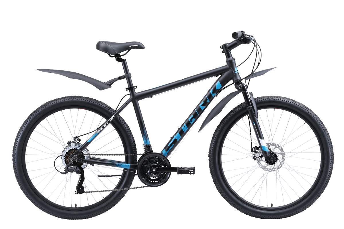 

Велосипед Stark Indy 26.1 D Microshift (2020) чёрный/голубой/белый