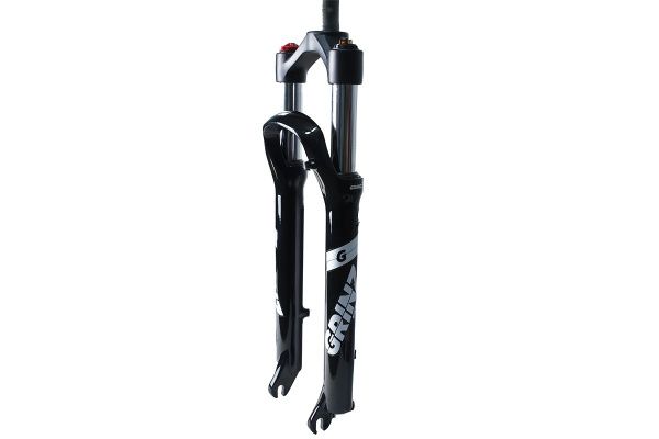 Вилка GRINZ ES 456 MLO 27,5"*1.1\8" ход 100мм, локаут механический, предварительное сжатие, алюминиевая, безрезьбовая, черная-белая